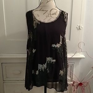 Gold leaf flowing sequinned top Sz XL